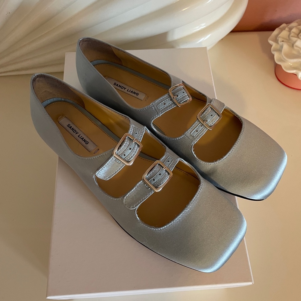 Sandy Liang Ice Blue MJ double strap Mary Jane Flats with Square Toe size 39